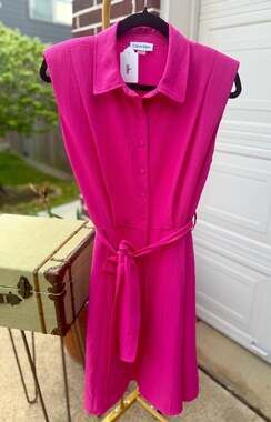 Calvin Klein Pink Crepe Textured Button Down Dress With Belt sz8